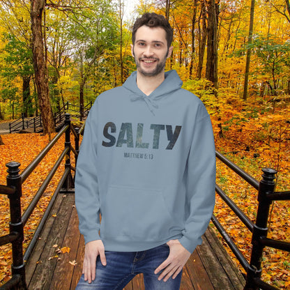 Salt and Light Christian Hoodie for Men and Women of Faith Stay SALTY Matthew 5:13 Unisex Hooded Sweatshirt S to 5XL in Stone Blue Color Front View