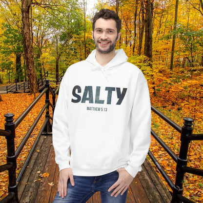 Salt and Light Christian Hoodie for Men and Women of Faith Stay SALTY Matthew 5:13 Unisex Hooded Sweatshirt S to 5XL in White Color Front View