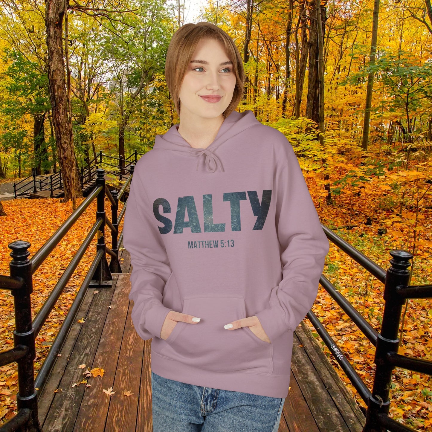 Salt and Light Christian Hoodie for Men and Women of Faith Stay SALTY Matthew 5:13 Unisex Hooded Sweatshirt S to 5XL in Paragon Rose Color Front View