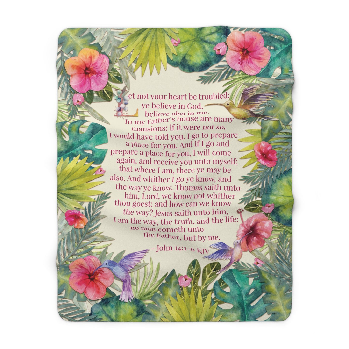 60" x 80" Tropical Flowers Hummingbird Sherpa Fleece Blanket with Bible Verse John 14:1-6 KJV