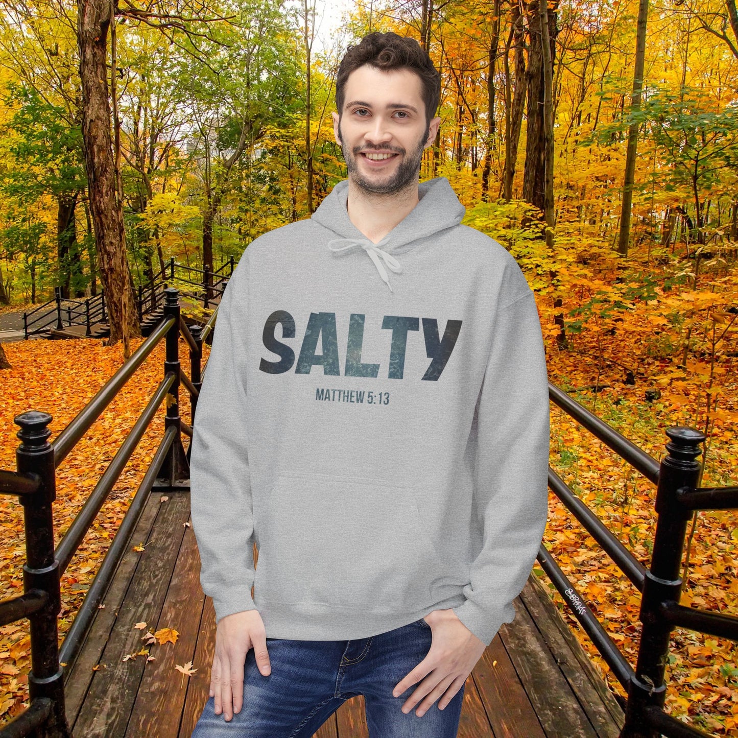 Salt and Light Christian Hoodie for Men and Women of Faith Stay SALTY Matthew 5:13 Unisex Hooded Sweatshirt S to 5XL in Sports Gray Color Front View