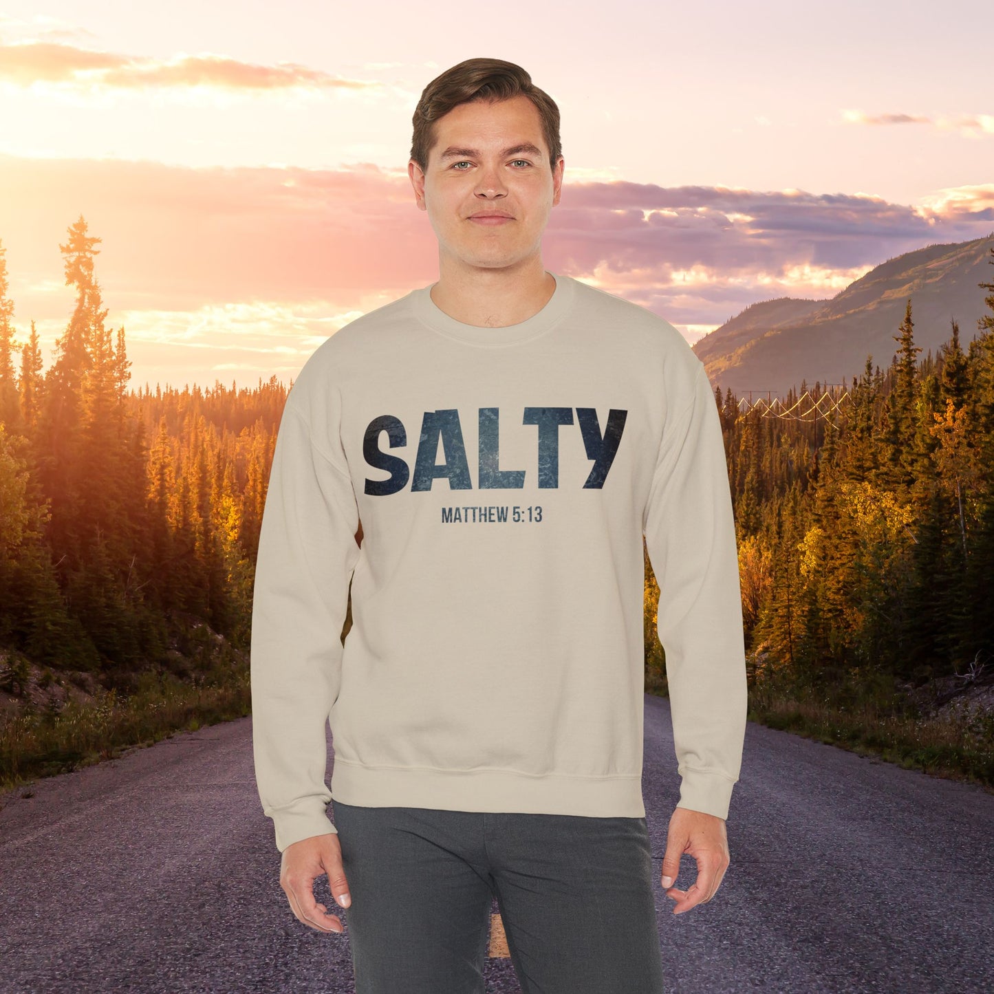 Stay SALTY Matthew 5:13 Unisex Sweatshirt S to 5XL by Faithful Living Home Front View in Sand Color