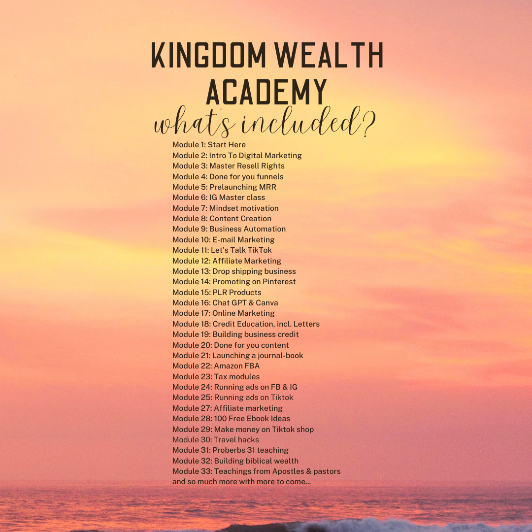 Course Modules overview of Kingdom Wealth Academy MRR eCommerce Course and Community Nathalie Lesage Faithful Living Home Christian Course