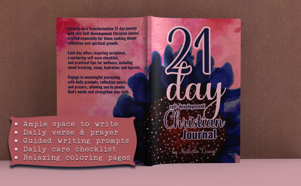 21 Day Self-Development Christian Journal For Women. Full cover view showing a deep blue Watercolor Sunflower on a pink background. Painted by Nathalie Lesage of Faithful Living Home.