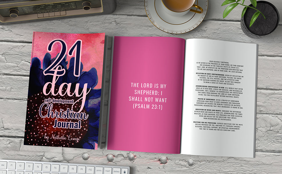 21 Day Self-Development Christian Journal For Women. Cover view and open book view with Bible Verse and Prayer. Painted by Nathalie Lesage of Faithful Living Home. Gift idea for Christians.