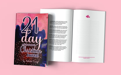 21 Day Self-Development Christian Journal For Women. Cover view and open book with guiding prompts and journal page to write on. Journal by Nathalie Lesage of Faithful Living Home. Gift ideas for Christian Girls.