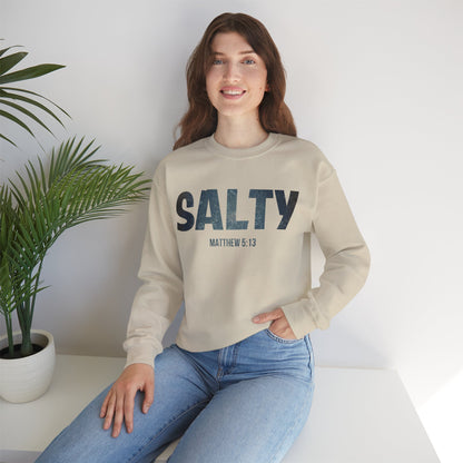 Stay SALTY Matthew 5:13 Unisex Sweatshirt S to 5XL by Faithful Living Home Front View on a Woman in Sand Color