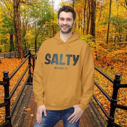 Salt and Light Christian Hoodie for Men and Women of Faith Stay SALTY Matthew 5:13 Unisex Hooded Sweatshirt S to 5XL in Mustard Color Front View