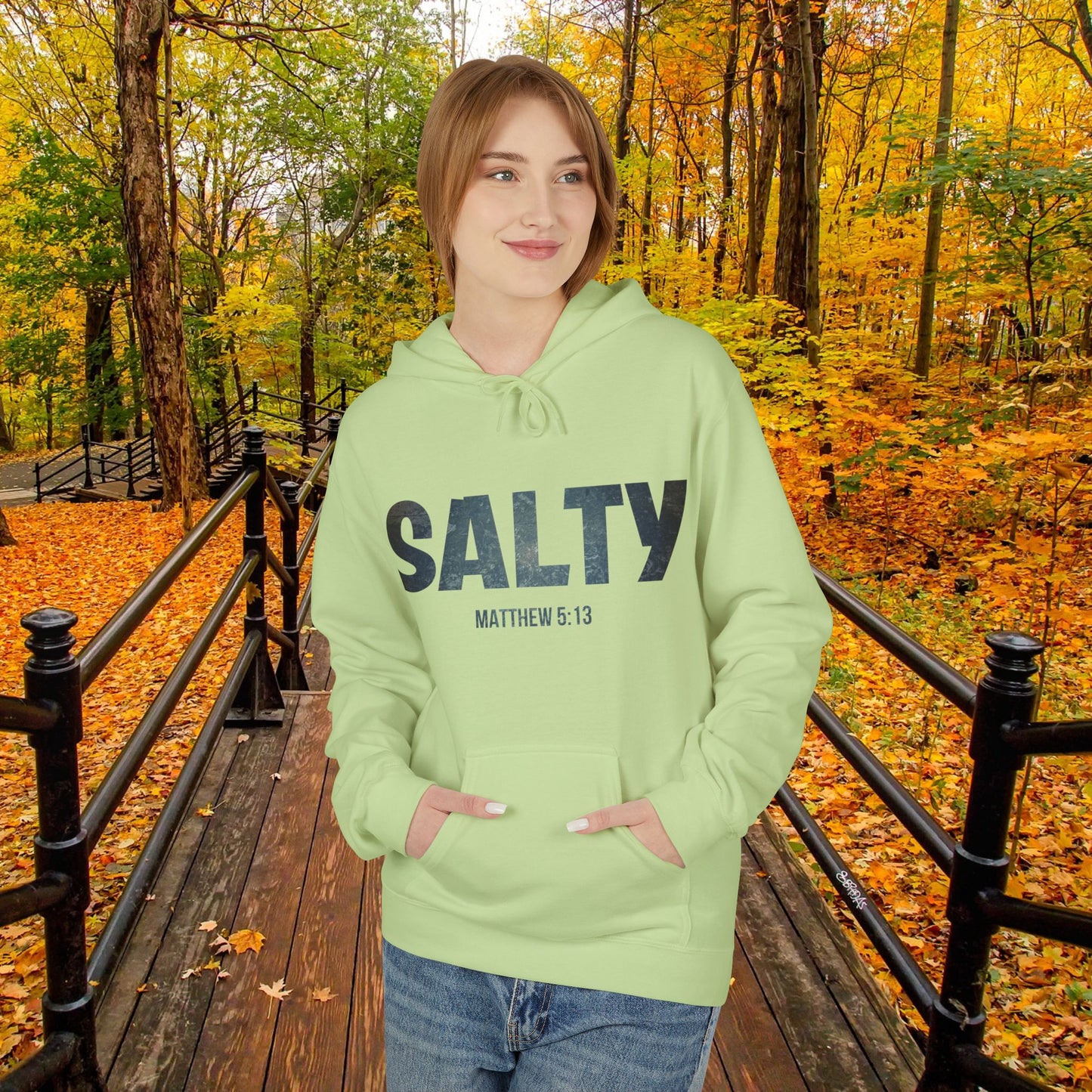 Salt and Light Christian Hoodie for Men and Women of Faith Stay SALTY Matthew 5:13 Unisex Hooded Sweatshirt S to 5XL in Pistachio Green Color Front View