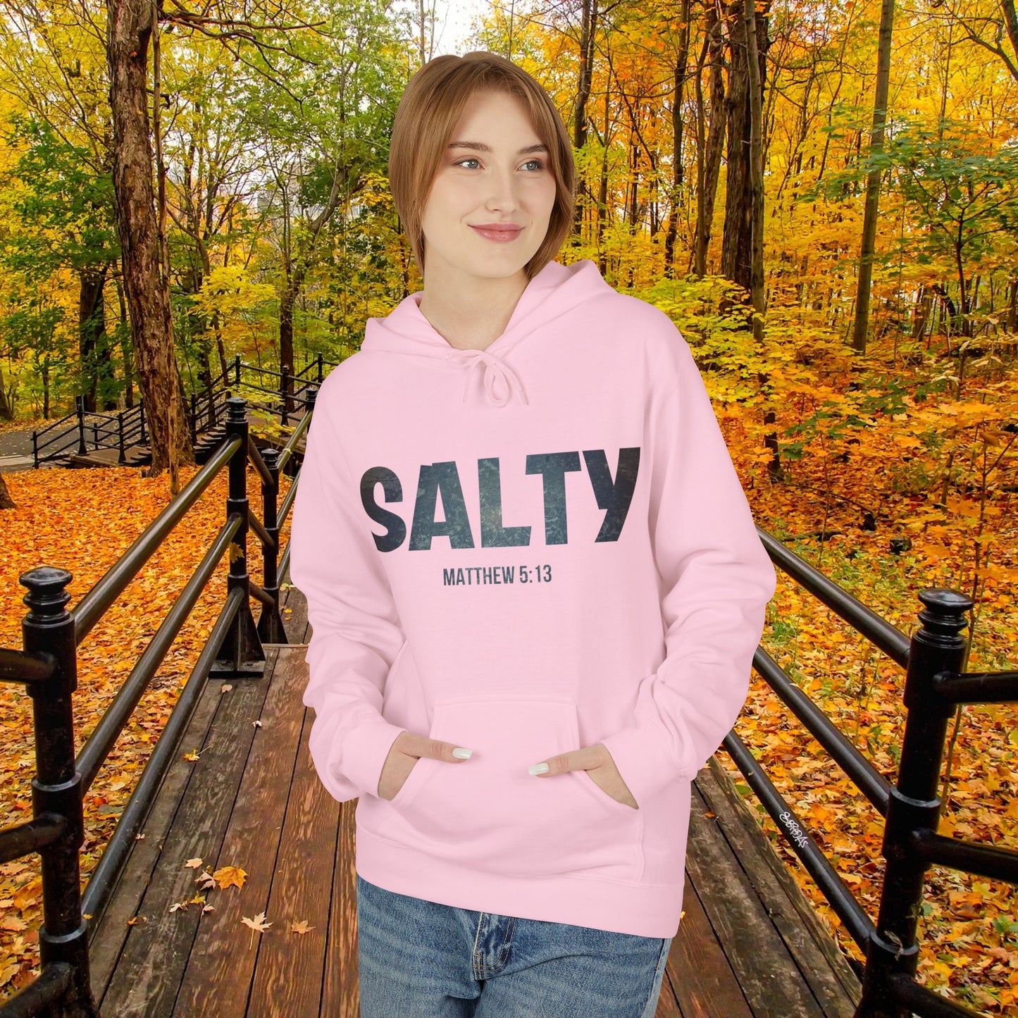 Salt and Light Christian Hoodie for Men and Women of Faith Stay SALTY Matthew 5:13 Unisex Hooded Sweatshirt S to 5XL in Light Pink Color Front View