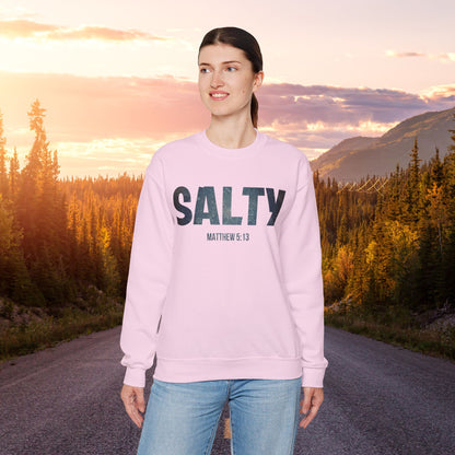 Stay SALTY Matthew 5:13 Unisex Sweatshirt S to 5XL by Faithful Living Home Front View worn by a woman in Light Pink Color