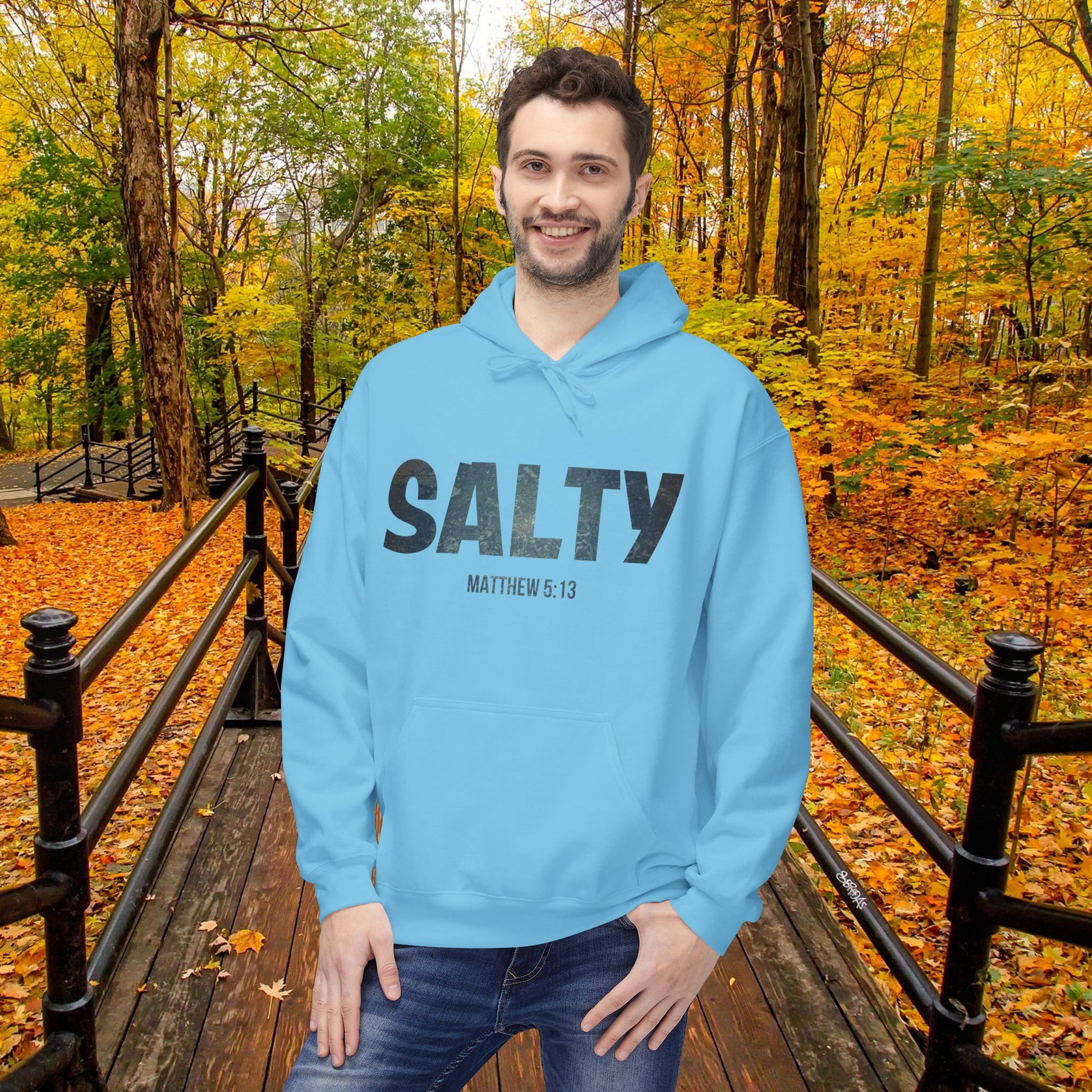 Salt and Light Christian Hoodie for Men and Women of Faith Stay SALTY Matthew 5:13 Unisex Hooded Sweatshirt S to 5XL in Sky Blue Color Front View