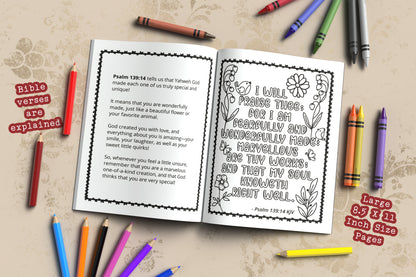 Did You Know? Animal Coloring Book Adventure Park. Christian Educational Coloring Book for Boys and Girls of all ages. Illustrated by Nathalie Lesage of Faithful Living Home. Bible Verse To Color Open Book View. Gifts For Children. God's Animal Kingdom.