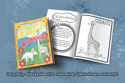 Did You Know? Animal Coloring Book Adventure Park. Christian Educational Coloring Book for Boys and Girls of all ages. Illustrated by Nathalie Lesage of Faithful Living Home. Front Cover View with Open Book View on the Giraffe page. Gifts For Children. God's Animal Kingdom.