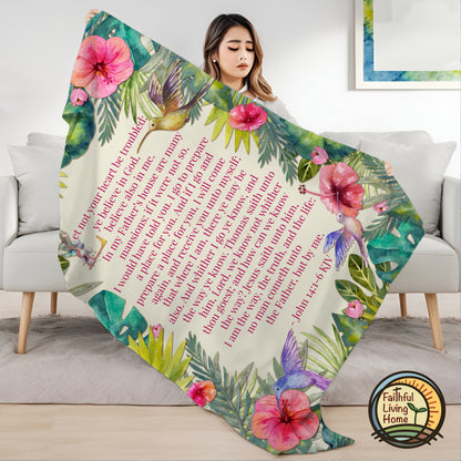 Woman holding the Christian Sherpa Blanket with Bible Verses John 14:1-6 King James Version by Faithful Living Home