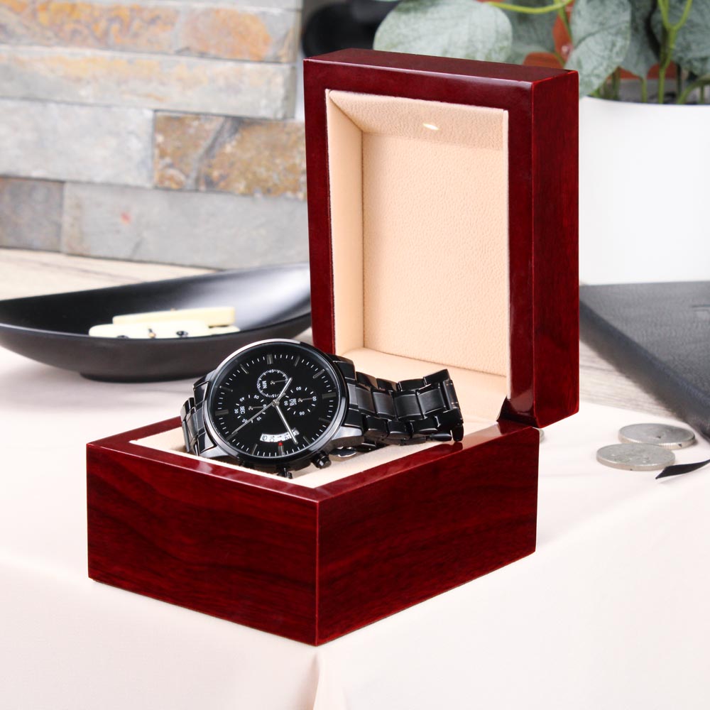 A Season And A Time Engraved Wrist Watch For Men Ecclesiastes 3:1 KJV Gift for husband, father,son, by Faithful Living Home Front View and Back View on Mahogany style gift box upgrade view