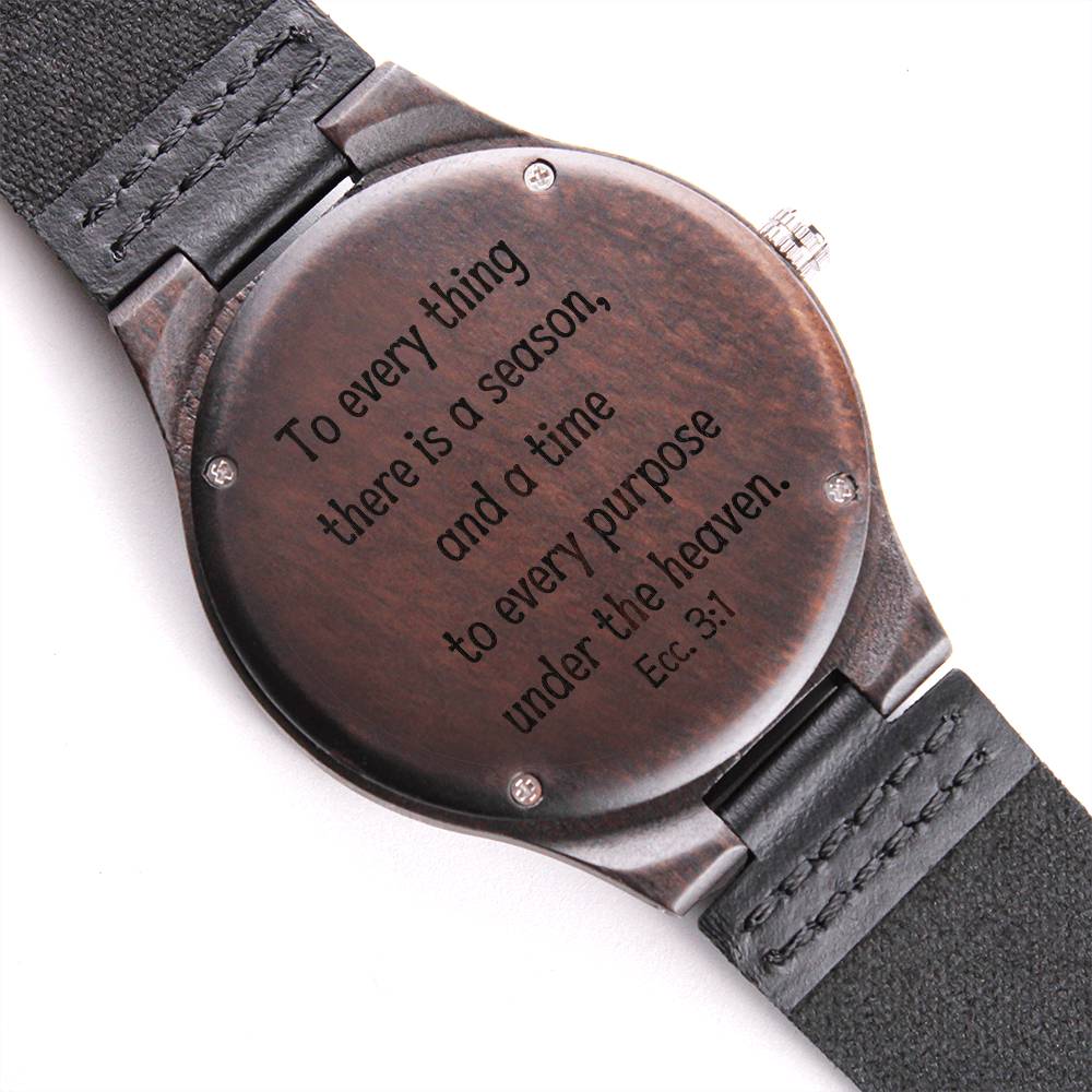 Sandalwood Engraved Wrist Watch For Christian Men Ecclesiastes 3:1 KJV by Faithful Living Home, the perfect gift for him, Back View showcasing the engraving of the Bible Verse.