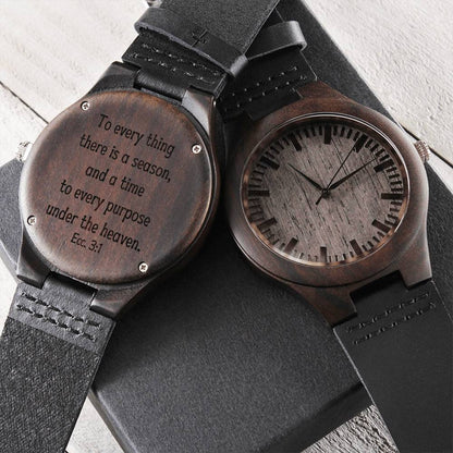 Sandalwood Engraved Wrist Watch For Christian Men Ecclesiastes 3:1 KJV by Faithful Living Home, the perfect gift for him, Front View and Back View one Black and White Soft Touch Giftbox