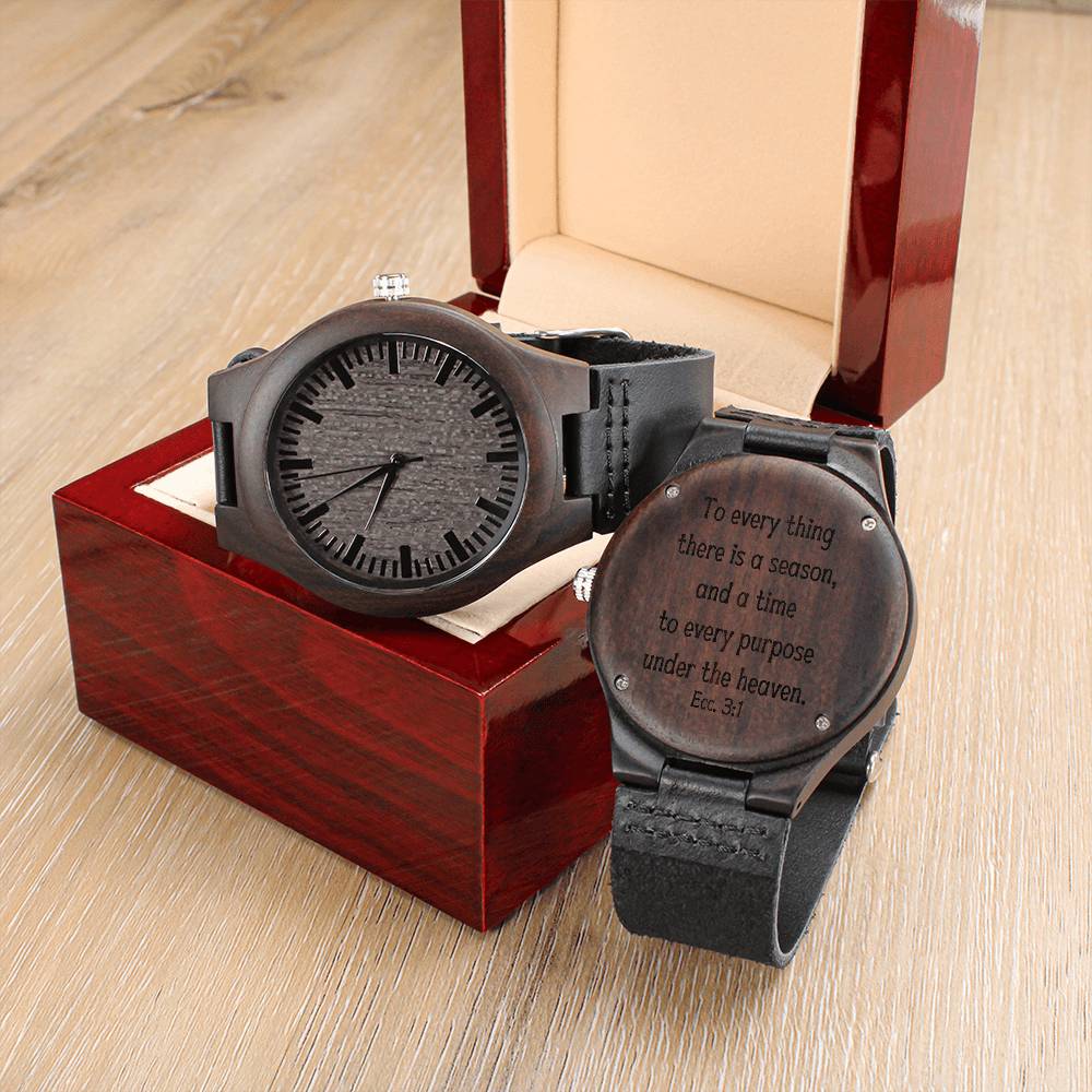 Sandalwood Engraved Wrist Watch For Christian Men Ecclesiastes 3:1 KJV by Faithful Living Home, the perfect gift for him, Front View and Back View with the upgrade Mahogany gift box with LED light.