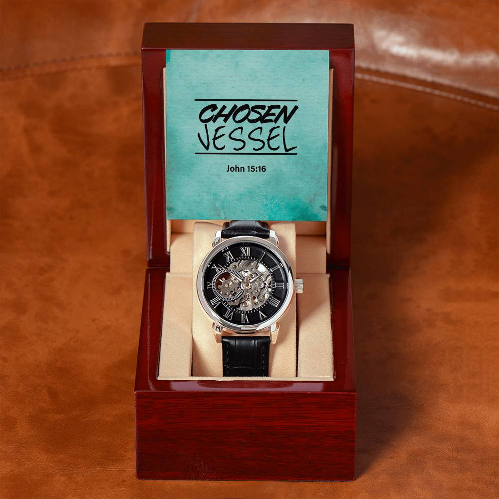 Chosen Vessel John 15:16 KJV Skeleton Dial Watch Gift For Christian Men by Faithful Living Home, Front View in Mahogany Gift Box