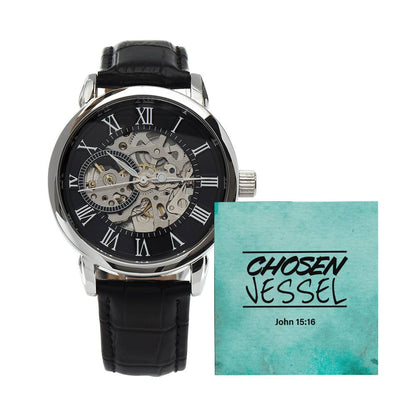 Chosen Vessel John 15:16 KJV Skeleton Dial Watch Gift For Christian Men by Faithful Living Home, Front View with Card insert